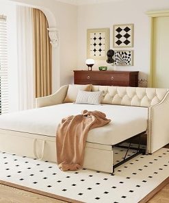 Velvet Twin Daybed with Pop Up Trundle – Modern Upholstered Bed Beige