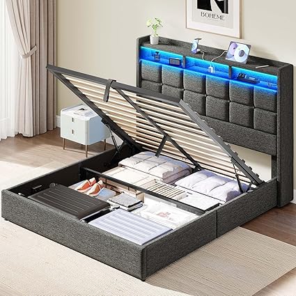 Queen Bed Frame with Storage and LED Headboard Easy Assembly Grey Queen Bed Frame with Storage and LED Headboard Easy Assembly Grey