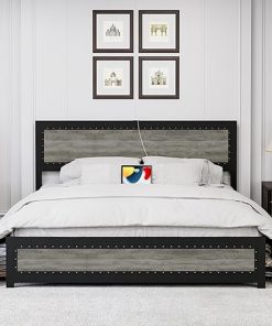 Industrial Queen Bed Frame with Headboard and Storage Drawers