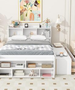 Wood Full Size Platform Bed with Bookcase Headboard and Storage 2