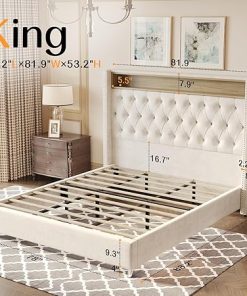 King Size Velvet Bed Frame with Headboard LED Lights and Charging Station 2