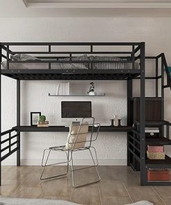 Full Size Loft Bed with Desk and Wardrobe for Kids and Teens Black 2