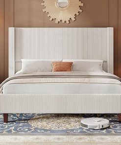 Beige King Size Corduroy Tufted Bed Frame with Wingback Headboard 2