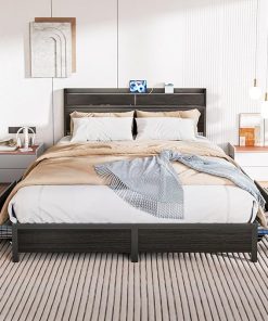 EVASTAR Queen Bed Frame with Storage Headboard and Charging Station