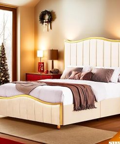 YITAHOME Beige Queen Size Velvet Bed Frame with Gold Trim and Headboard