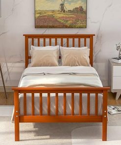 JULYFOX Twin Bed Frame Solid Wood Platform with Headboard Oak 300lb