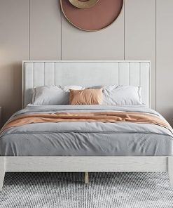 Mid-Century Modern Queen Bed Frame with Velvet Headboard Easy Assembly