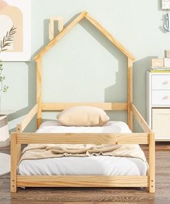 Twin Size Montessori Wood Floor Bed Frame with House Headboard Natural