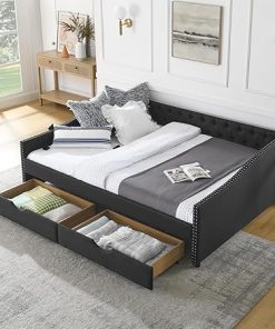 Queen Size Upholstered Daybed with Storage Drawers and Button Tufting