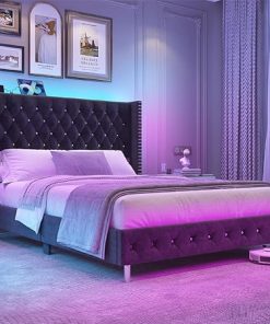 Queen Velvet LED Upholstered Bed Frame with Wingback and USB Ports