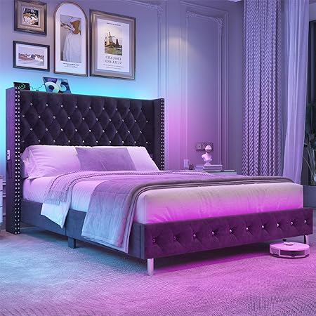 Queen Velvet LED Upholstered Bed Frame with Wingback and USB Ports Queen Velvet LED Upholstered Bed Frame with Wingback and USB Ports