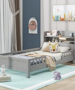 Bellemave Twin Solid Wood Bed Frame for Kids with LED Light Gray