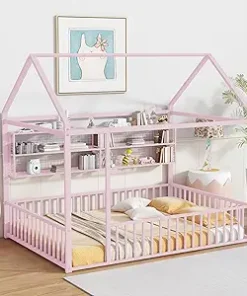 Merax Metal House Bed Frame with Storage Shelves for Kids Pink