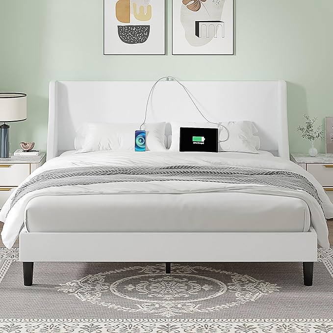 VECELO Full Bed Frame with Upholstered Headboard and Charging Station VECELO Full Bed Frame with Upholstered Headboard and Charging Station
