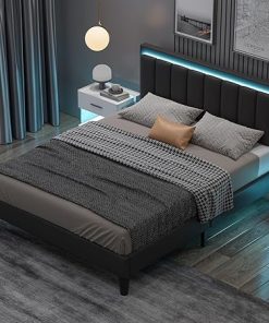 Queen Size Upholstered Bed Frame with LED Lights in Black Faux Leather