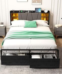 Full Bed Frame with Storage Headboard and LED Lights, Black