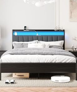 Queen Bed Frame with LED Light and Charging Port, Metal Platform