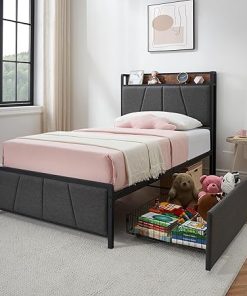 Twin Size Bed Frame with Storage Drawers and Charging Station in Grey
