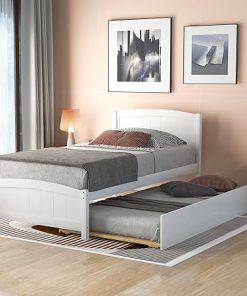 Twin Platform Bed with Trundle Minimalistic Wood Bed Frame White