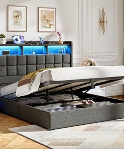 King Size Bed Frame with Lift Storage and LED Lights Dark Grey 2