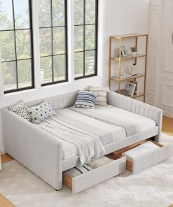Modern Queen Size Daybed with Storage Drawers and Upholstered Design