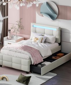 Twin Bed Frame with 4 Storage Drawers and Led Headboard Beige