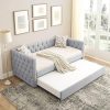 Modern Twin Daybed with Trundle Upholstered in Grey Linen Fabric