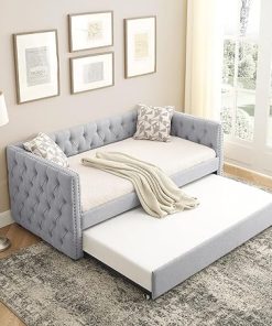 Modern Twin Daybed with Trundle Upholstered in Grey Linen Fabric