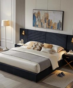 Luxury King Bed Frame with Gold LED Lights and Nightstands in Black 2
