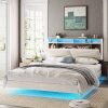 Floating Bed Frame with Storage Headboard USB Charging LED Lights Beige