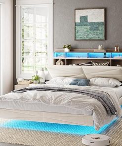 Floating Bed Frame with Storage Headboard USB Charging LED Lights Beige