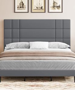 YITAHOME King Bed Frame Linen Fabric Upholstered Platform Dark Gray