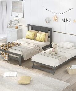Full Size Platform Bed with Adjustable Trundle and Headboard Gray