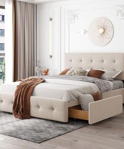 Queen Size Upholstered Platform Bed with Storage and Tufted Headboard