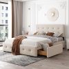 Queen Size Upholstered Bed Frame with Storage Drawers and Headboard