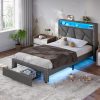 Merax King Size Metal Platform Bed with Upholstered Headboard Beige 4