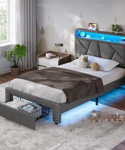 Twin Bed Frame with Shelf Headboard and Storage Drawers in Grey