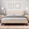 Queen Upholstered Bed Frame with Wingback Headboard and Support Beige