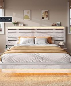 AMERLIFE Farmhouse Floating Bed Frame with Extended Headboard and Storage 2