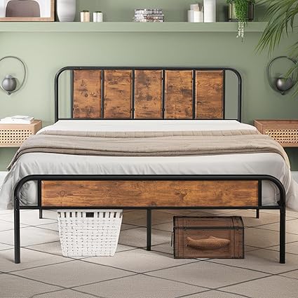 VECELO Queen Bed Frame Metal Platform with Wood Headboard Brown VECELO Queen Bed Frame Metal Platform with Wood Headboard Brown