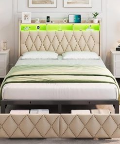Upholstered Full Size Bed Frame with Storage Drawers and LED Lights 2