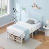 Princess Bed Frame for Girls, Twin Size Upholstered Platform Bed with Adjustable Cartoon Ears Headboard, Two Storage Stools, and LED Lights, Perfect for Kids’ Bedrooms, Beige 4