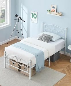 Twin Metal Platform Bed Frame with Curved Headboard and Storage