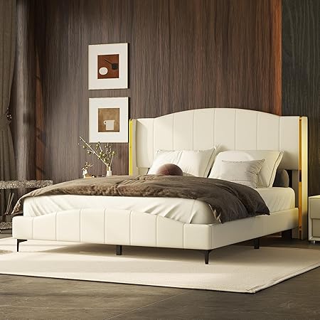 Merax Queen Size PU Leather Bed Frame with Wingback Headboard Beige Merax Queen Size PU Leather Bed Frame with Wingback Headboard Beige