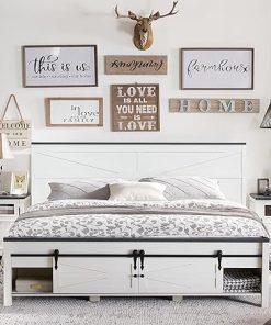 Farmhouse King Size Wood Bed Frame with Sliding Storage Cabinets