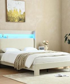 Queen Size Bed Frame with Upholstered Headboard and Storage, Beige