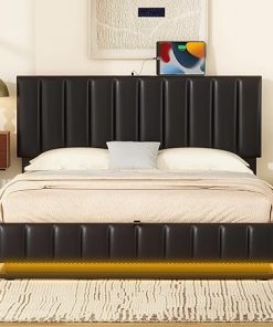 Queen Size Platform Bed with LED Lights and Storage Hydraulic Frame