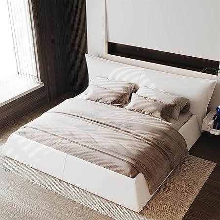 King Size Upholstered Platform Bed with Velvet Headboard Cream 2 King Size Upholstered Platform Bed with Velvet Headboard Cream - Image 2