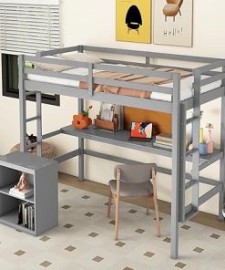 Bellemave Twin Loft Bed with Desk and Storage for Kids, Gray