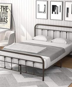 Metal Platform Bed Frame with Vintage Headboard and Easy Assembly